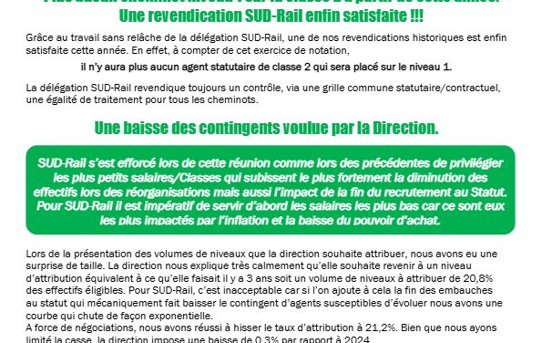 Notations 2025/2026. Une revendication SUD-Rail satisfaite mais des contingents qui continuent de baisser…