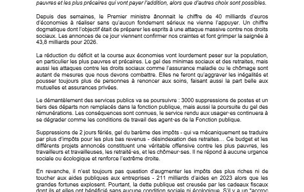 Budget 2026 : Pas d’économies sur nos vies !