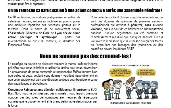 Un militant SUD-Rail convoqué à la Police : personne ne nous bâillonnera !