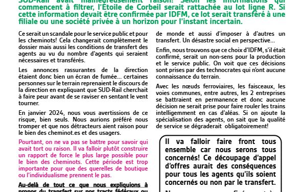 SCANDALE : L’ÉTOILE DE CORBEILSERAIT RATTACHÉE AU LOT LIGNE R