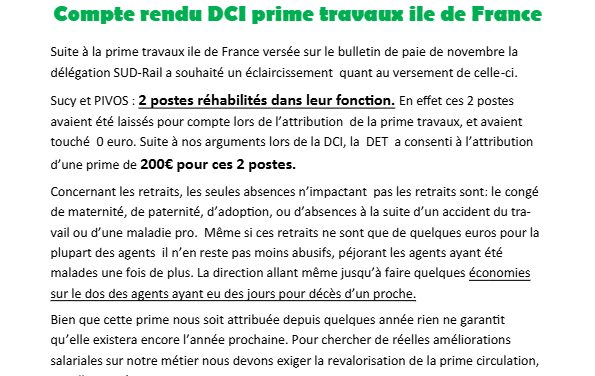 L&rsquo;Aiguilllon de l&rsquo;EIC PSE Compte rendu DCI prime travaux ile de France