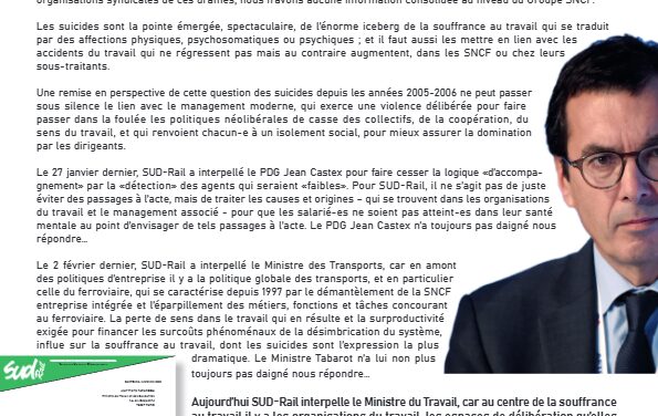 VAGUE DE SUICIDES DANS LES SNCF SUD-Rail interpelle le Ministre du Travail