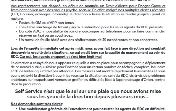 Droit d&rsquo;Alerte unitaire Orion/Self service à la DEDP D/R