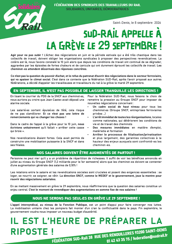 SUD-RAIL APPELLE À LA GRÈVE LE 29 SEPTEMBRE !